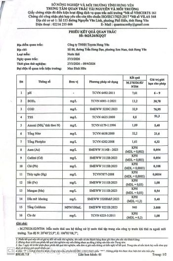 KẾT QUẢ QUAN TRẮC MÔI TRƯỜNG QUÝ 1 NĂM 2026 TẠI TOYOTA HƯNG YÊN