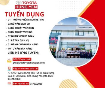 TOYOTA HƯNG YÊN THÔNG BÁO TUYỂN DỤNG NHIỀU VỊ TRÍ